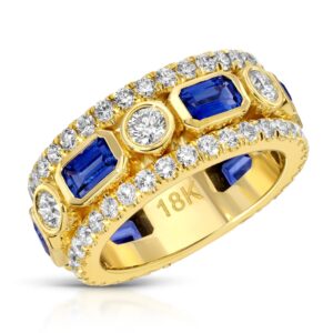 Emerald Cut Blue Sapphire and Round Diamond Band Ring