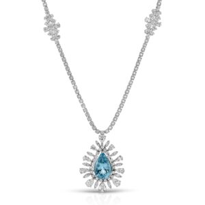 Pear Shape Aquamarine and Mix Cut Diamond Drop Necklace/Brooch