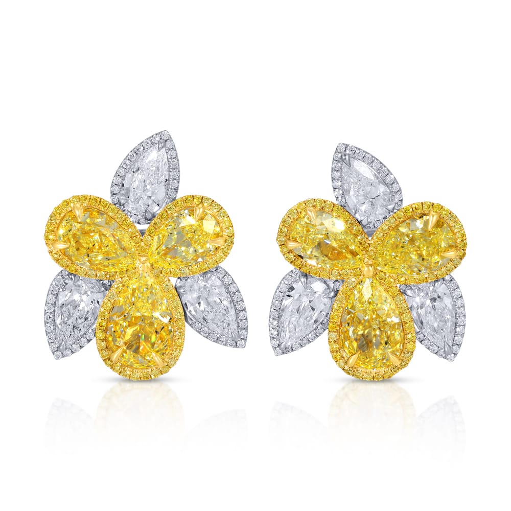 Pear Shape Yellow and White Diamond Earrings