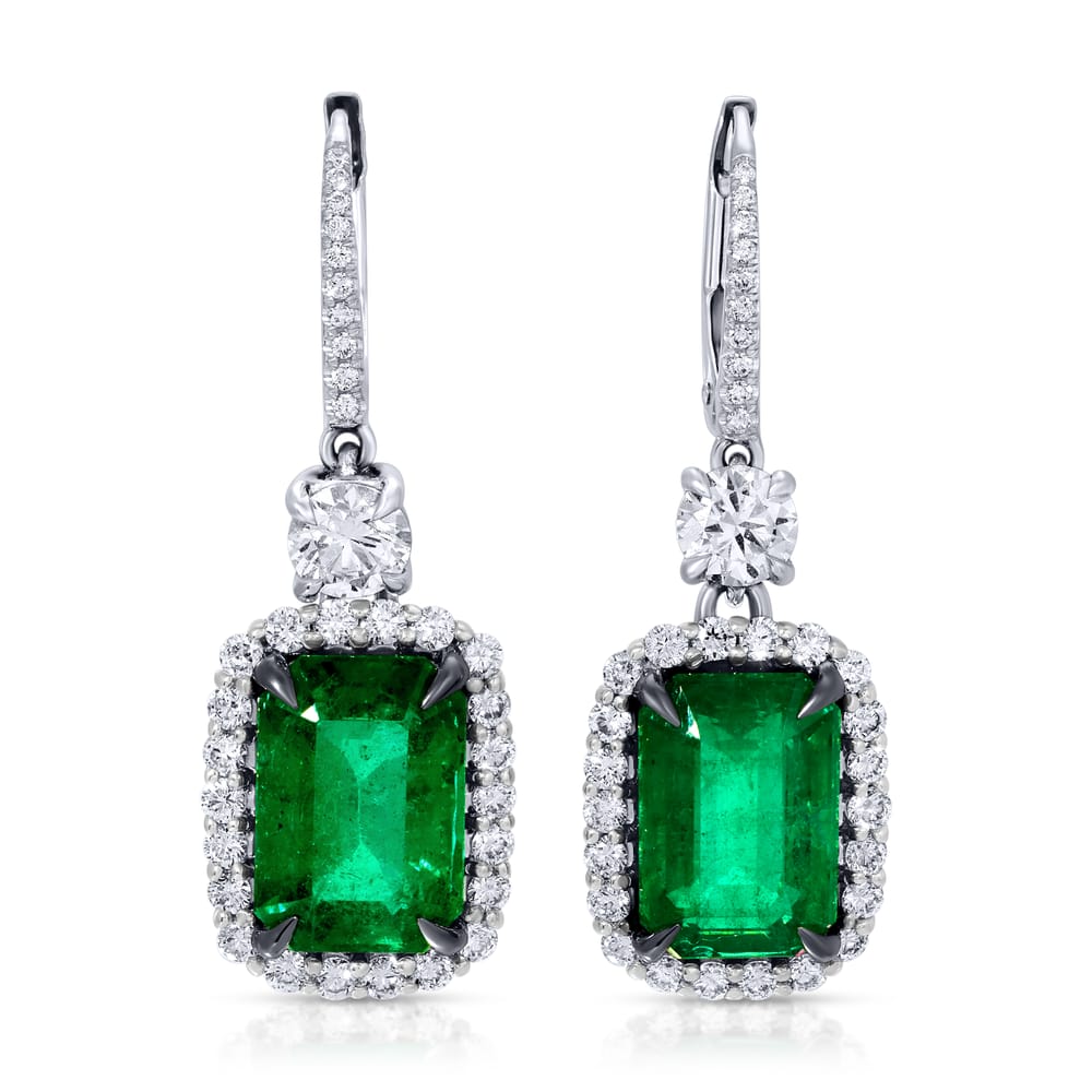 Emerald Cut Green Emerald and Round Diamond Dangle Earrings