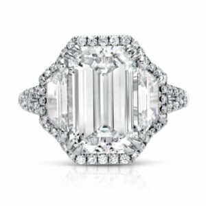Emerald Cut Diamond and Trapezoid Side Stone Halo Ring
