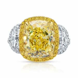 Cushion Cut Fancy Yellow Diamond and Cadillac Side Stone Halo Ring