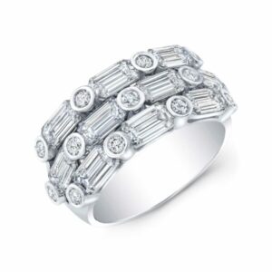 Emerald Cut and Round Diamond Three Layer Ring