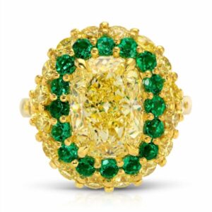 Cushion Cut Fancy Yellow Diamond and Green Emerald Halo Ring