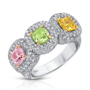 Cushion Cut Fancy Pink, Green, and Yellow Diamond Three Stone Ring