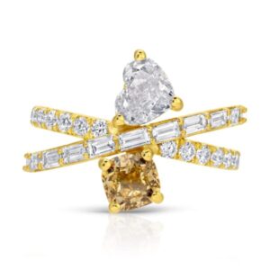 Cushion Cut Champagne and Heart Shape Diamond Toi et Moi Ring