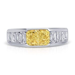 Elongated Radiant Cut Yellow Diamond and Emerald Cut Ring