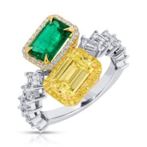 Emerald Cut Yellow Diamond and Green Emerald Bypass Ring