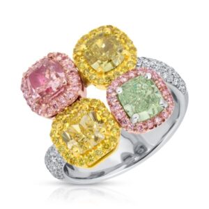 Cushion Cut Fancy Pink, Green, Yellow & Orange Diamond Four Stone Ring