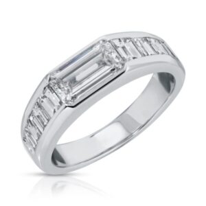 East West Emerald Cut Diamond and Baguette Side Stone Diamond Ring