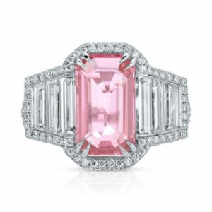 Emerlad Cut Pink Sapphire and Trapezoid Diamond Halo Ring