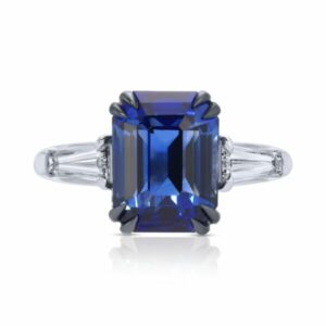 Emerald Cut Blue Sapphire and Baguette Cut Diamond Ring