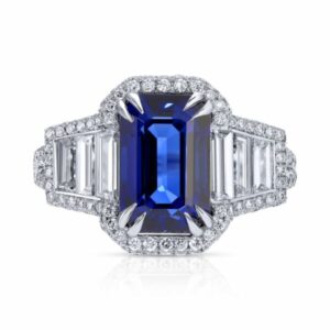 Emerlad Cut Blue Sapphire and Trapezoid Diamond Halo Ring