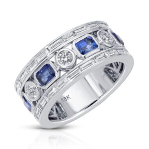 Emerald Cut Blue Sapphire and Diamond Band Ring