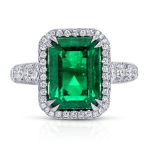 Emerlad Cut Green Emerald and Round Diamond Halo Ring