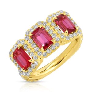 Emerald Cut Ruby and Diamond Three Stone Ring