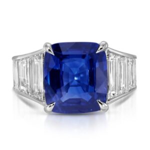 Cushion Cut Blue Sapphire and Trapezoid Diamond Hidden Halo Ring