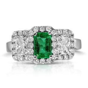 Emerlad Cut Green Emerald and Radiant Cut Diamond Halo Ring