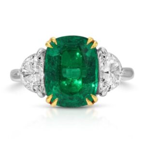 Cushion Cut Green Emerald and Half Moon Diamond Three Stone Ring