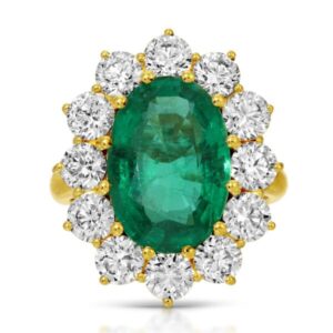 Oval Cut Green Emerald and Round Diamond Halo Ring