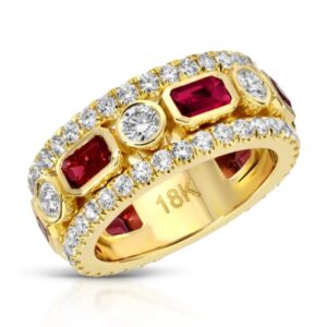 Emerald Cut Ruby and Round Diamond Band Ring