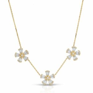Baguette and Round Diamond Flower Motif Necklace