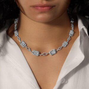 Elonagted Baguette and Round Cut Diamond Necklace
