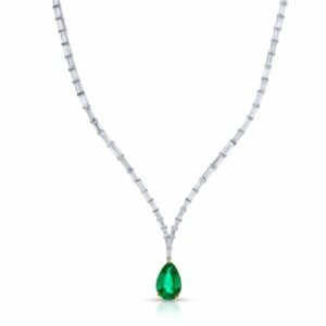 Pear Shape Columbian Green Emerald and Baguette Diamond Drop Necklace