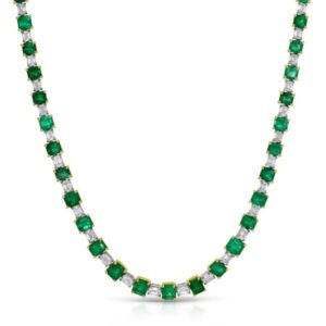 Emerald Cut Columbian Green Emerald and Emerald Cut Diamond Tennis Necklace