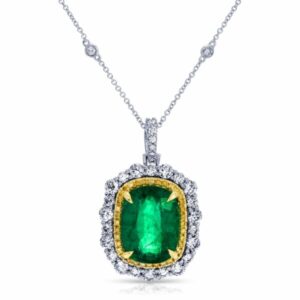 Cushion Cut Green Emerald and Diamond Pendant