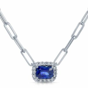 Emerald Cut Blue Sapphire and Diamond Pendant on Paperclip Chain