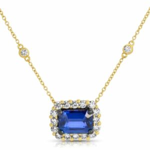 Emerald Cut Blue Sapphire and Diamond Pendant