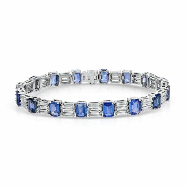 Emerald Cut Blue Sapphire and Baguette Cut Diamond Bracelet