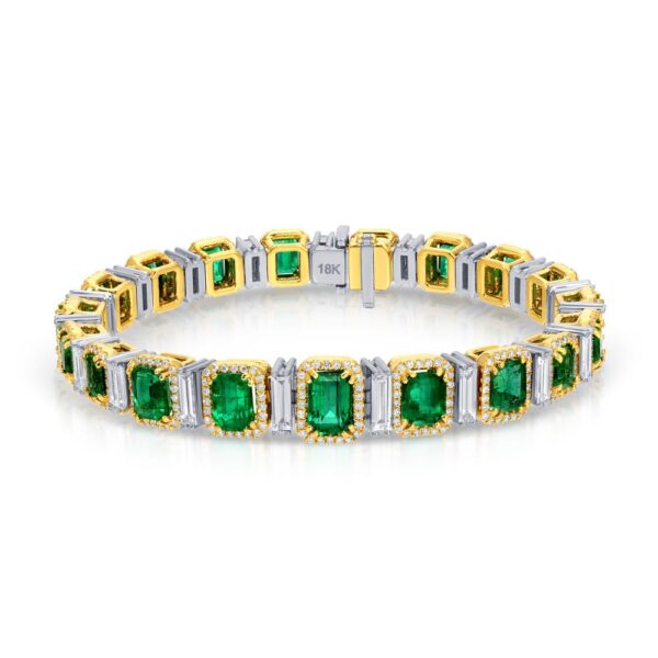 Emerald Cut Green Emerald and Baguette Diamond Bracelet