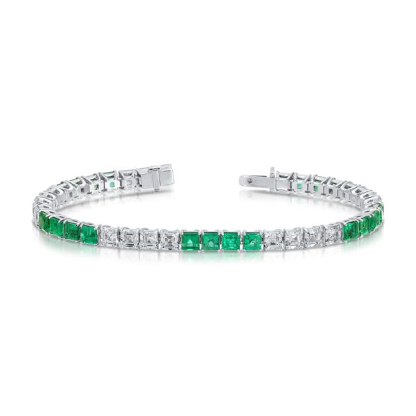 Asscher Cut Green Emerald and Asscher Cut Diamond Bracelet