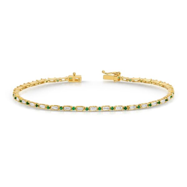 Round Cut Green Emerald and Baguette Cut Diamond Tennis Bracelet