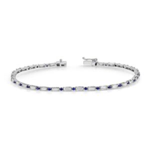 Round Cut Blue Sapphire and Baguette Cut Diamond Tennis Bracelet