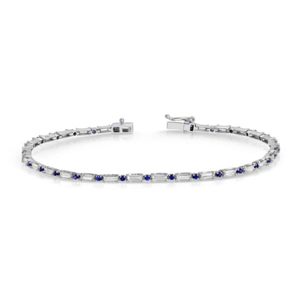 Round Cut Blue Sapphire and Baguette Cut Diamond Tennis Bracelet
