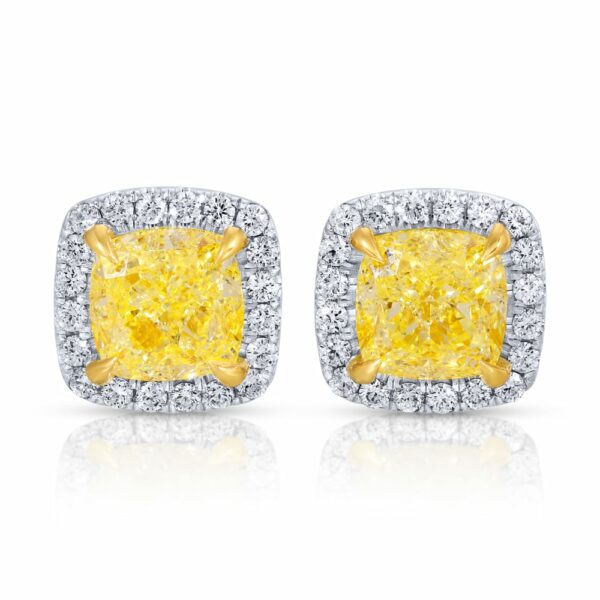 Cushion Cut Fancy Light Yellow Diamond Stud Earrings