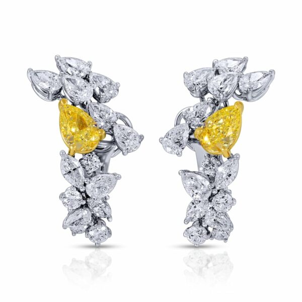 Pear Shape Fancy Yellow and Mix-Cut Diamond Huggie Earrings