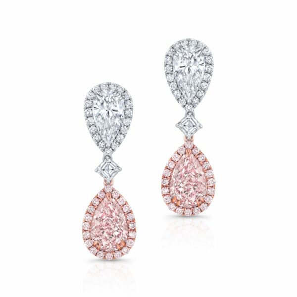 Pear Shape Pink and White Diamond Drop Earrings