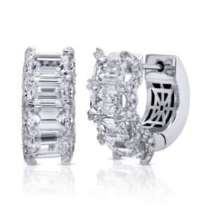 Emerald and Round Cut Diamond Hidden Halo Huggie Earrings