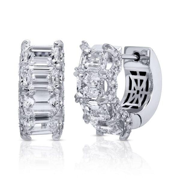 Emerald and Round Cut Diamond Hidden Halo Huggie Earrings