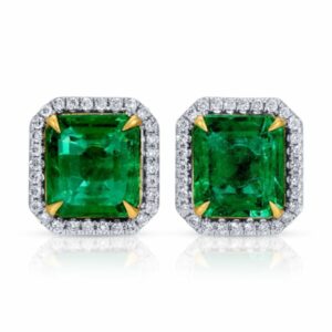 Emerald Cut Green Emerald and Round Diamond Stud Earrings