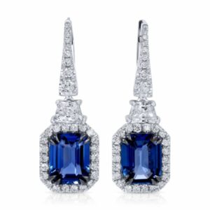 Emerald Cut Blue Sapphire and Trapezoid Diamond Drop Earrings