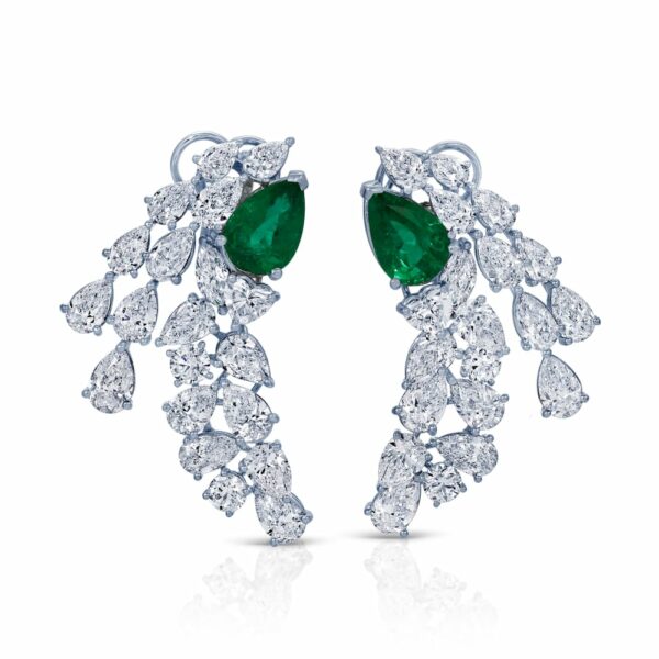 Pear Shape Green Emerald and Mix-Cut Diamond Earrings