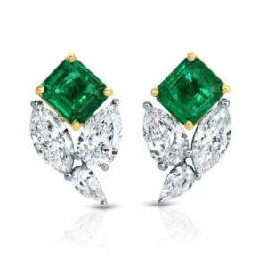 Emerald Cut Green Emerald and Diamond Earrings