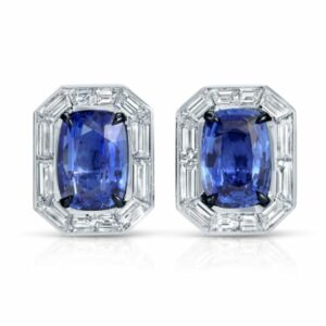 Cushion Cut Blue Sapphire and Baguette Diamond Earrings