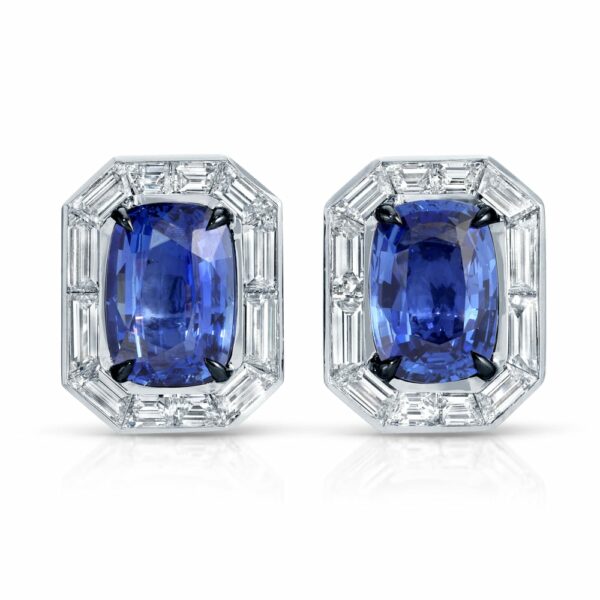 Cushion Cut Blue Sapphire and Baguette Diamond Earrings