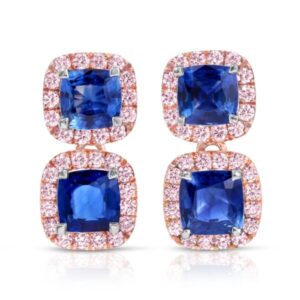 Cushion Cut Blue Sapphire and Fancy Pink Round Diamond Drop Earrings